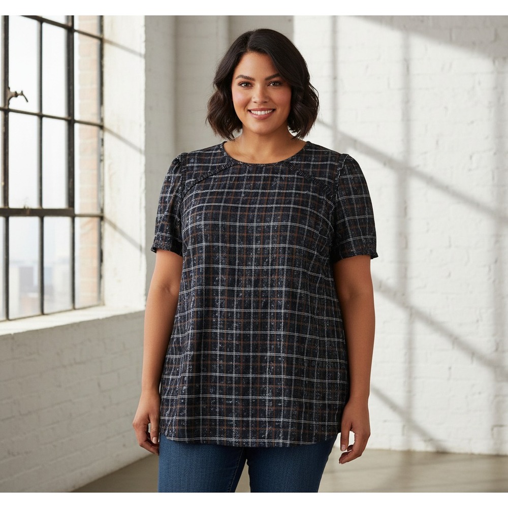 NEW Loft Women's Top Blue Shimmer Plaid Ruffle Glam Festive Whimsigoth 20 20W